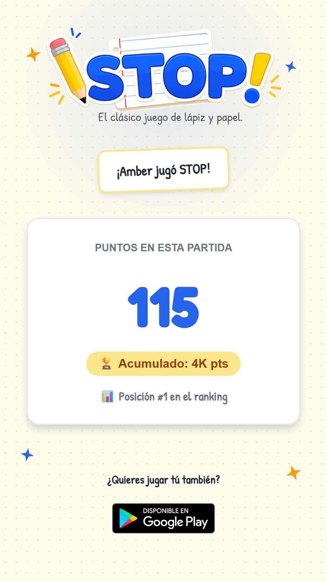 Tarjeta StopRank compartida por una jugadora, mostrando su puntaje y posición en el ranking